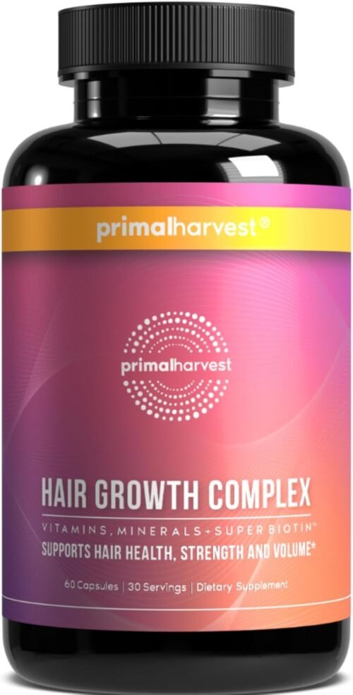 Primal Harvest Hair Growth Vitamins, Hair Growth for Women & Men – 60 Hair Growth Pills, Natural Hair Thickening Products for w/Biotin & Zinc – Hair Supplement, Regrowth Hair Vitamins