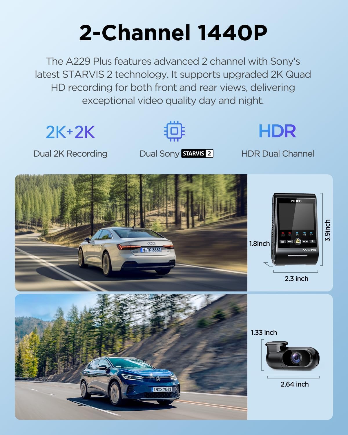 VIOFO A229 Plus Dash Cam Front and Rear, Dual STARVIS 2 Sensors, 2 Channel HDR, 1440P+1440P Voice Control Car Dash Camera, 5GHz Wi-Fi, Support 512GB Max, Voice Control, Ultra-Precise GPS - Image 2