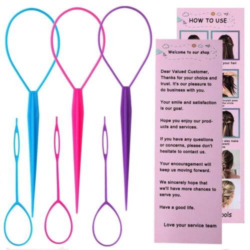 Aigee 6pcs Topsy Tail and Hair Loop Styling Tool Set – Ponytail Makers, French Braid Loops in Large and Small, Hair Pull Through Tools (Pink, Blue, Purple) for Women and Girls